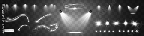 Light white wave and spotlight,meteor shine effect,vector glow line sparkle shine. Silver wavy effects.


