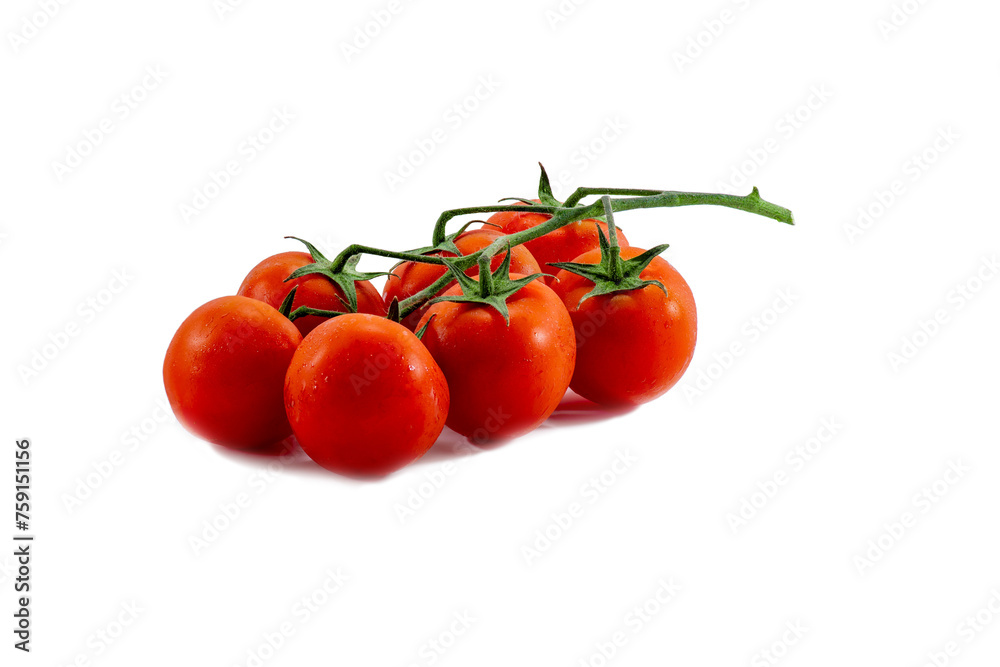 A group of seven red ripe tomatoes on a green branch lies on a white background