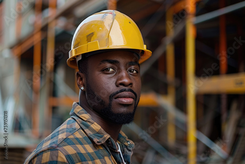 African American man builder engineer in hardhat at building site