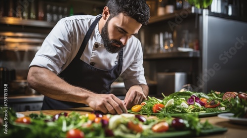 A man in an apron skillfully slices fresh vegetables on a wooden cutting board