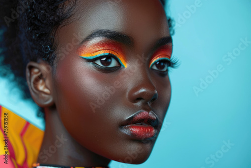 Portrait of a young beautiful African American woman with bright colored makeup on a blue background