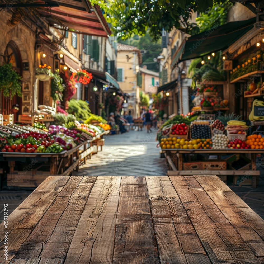 A rustic wooden table set against the vibrant backdrop of a Mediterranean marketplace, bustling with life. 