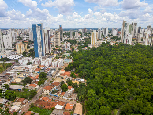 Aerial city scape of Parque Mae Bonafacia park in summer in Cuiaba Mato Grosso