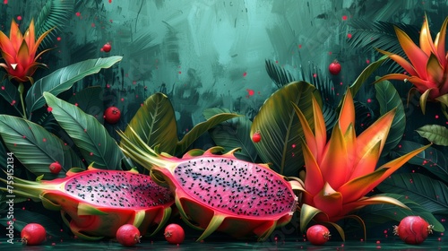 a painting of a tropical scene with a dragon fruit and other tropical plants and fruits on the side of the picture.