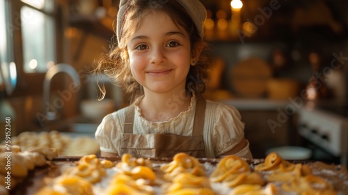A mother snaps a photo of her daughter, who is proudly holding up a sheet of freshly baked cookies, capturing a memory of their kitchen adventures 