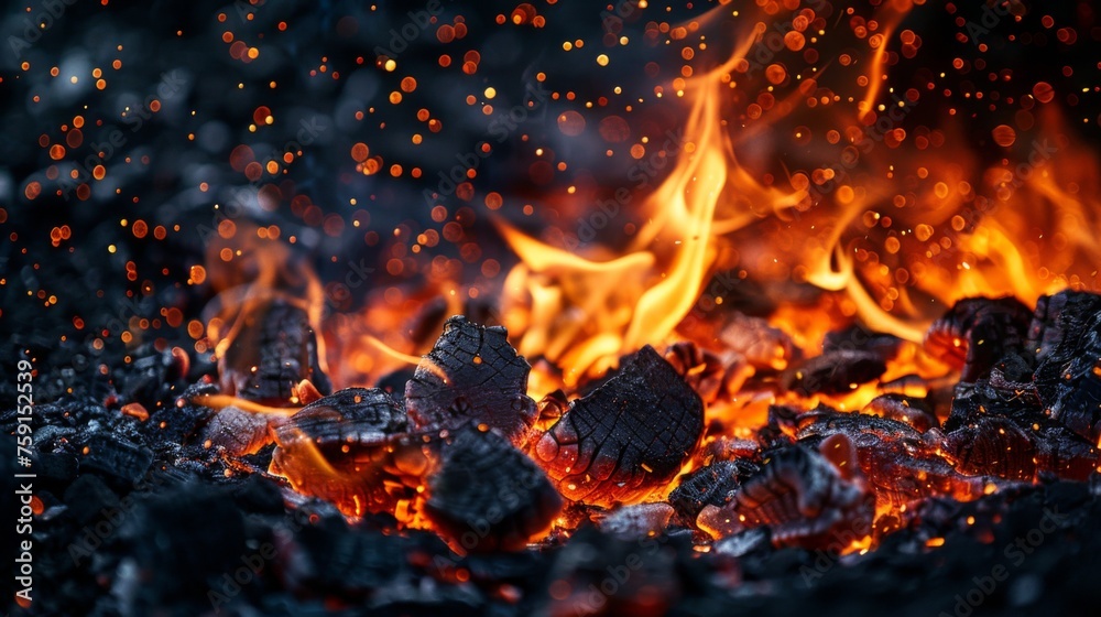 Flames dance over glowing embers as sparks rise in a warming campfire during a chilly evening outdoors Flames dance over glowing embers as sparks rise in a warming campfire during a chilly evening outdoors
