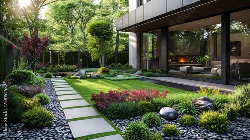 A modern garden featuring a sleek lawn design with geometric planting areas, where a discreetly placed booklet offers advice on maintaining the perfect lawn with eco-friendly fertilizers
