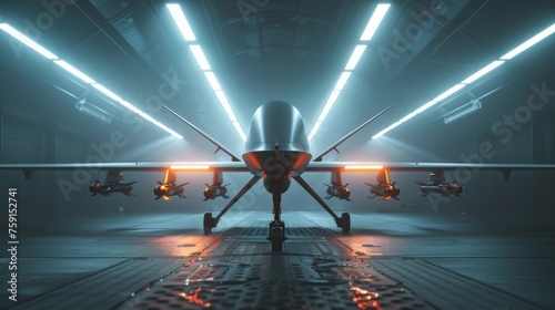 Drone equipped with advanced weaponry in a high-tech hangar, showcasing modern military technology and innovation