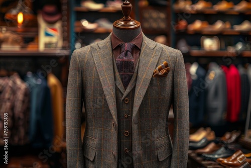 clothing on hangers. clothes in a shop. luxury suit in store 