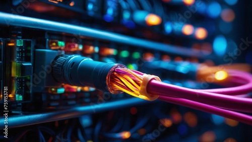 A network cable with flashing lights plugged into a server rack, symbolising data flow. Fibre optic cable. 