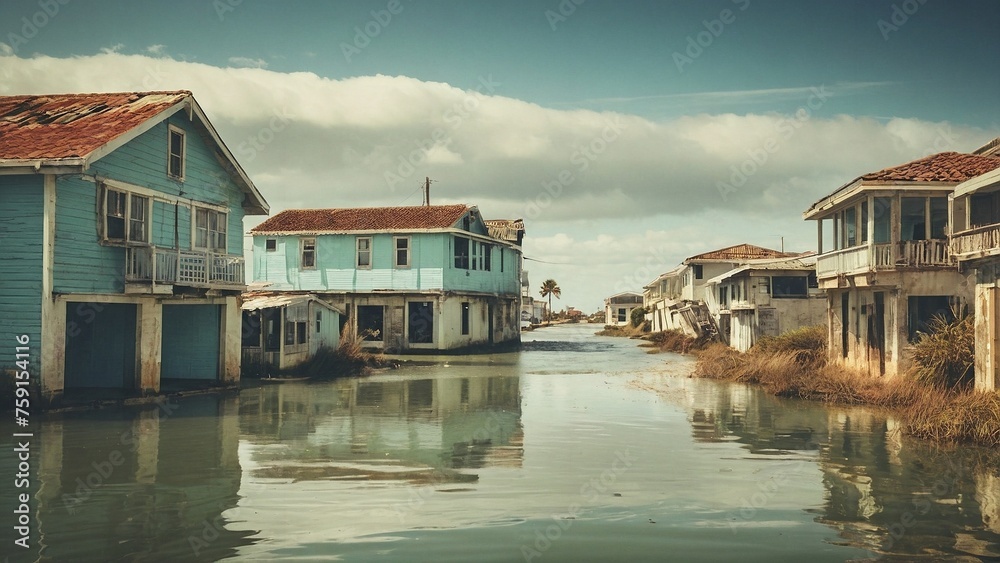 A coastal town with flooded streets and abandoned buildings, showcasing the impact of rising sea levels.