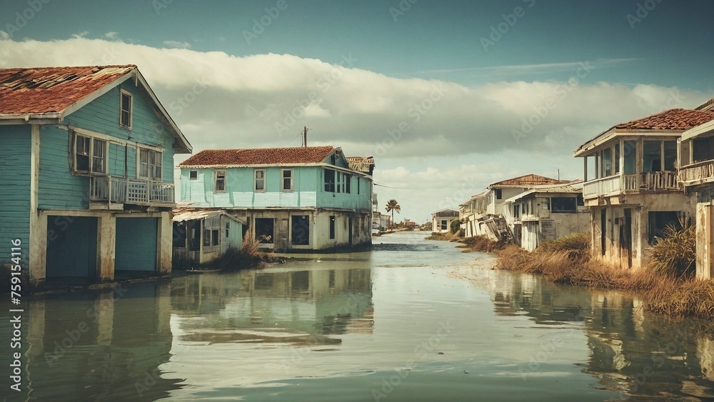 A coastal town with flooded streets and abandoned buildings, showcasing the impact of rising sea levels. A coastal town with flooded streets and abandoned buildings, showcasing the impact of rising sea levels.