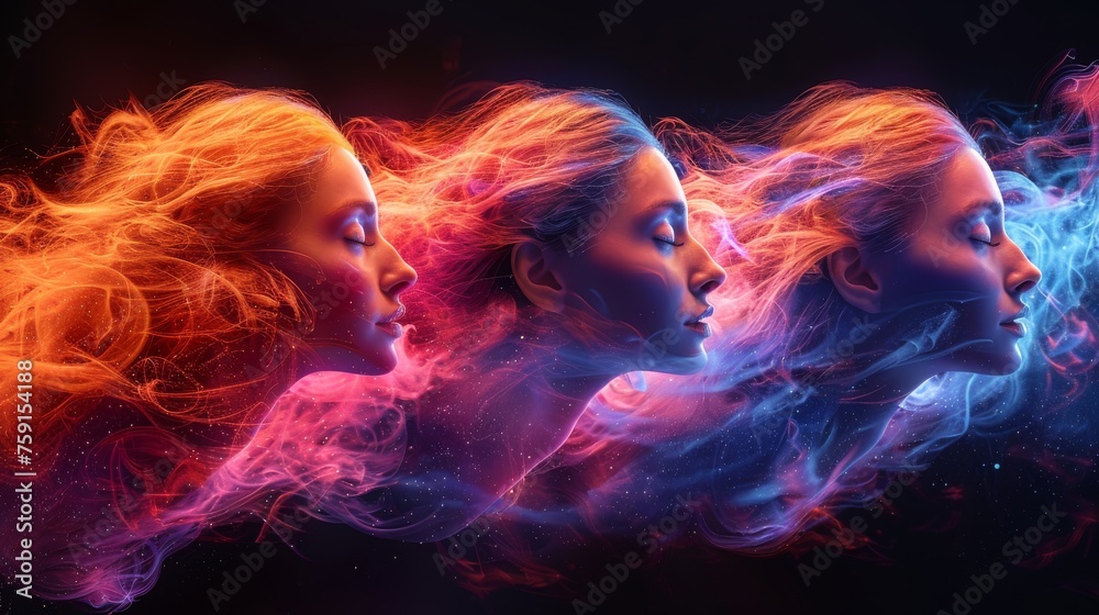 a group of beautiful women with long red hair and blue and pink smoke in their hair, against a black background.
