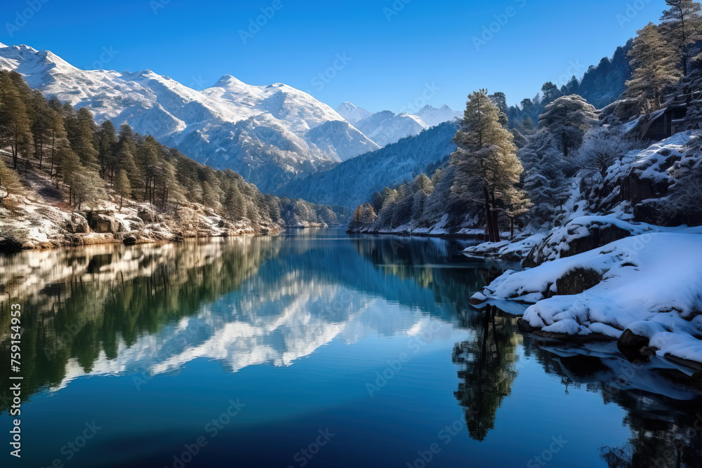 lake and mountains in winter.