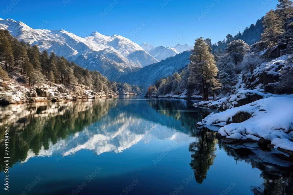 Fototapeta premium lake and mountains in winter.