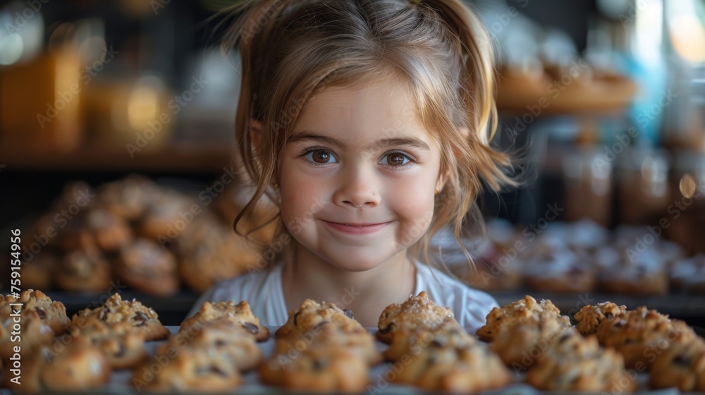 A daughter beaming with pride as she presents her first batch of cookies, baked with love and momas help. A daughter beaming with pride as she presents her first batch of cookies, baked with love and momas help.