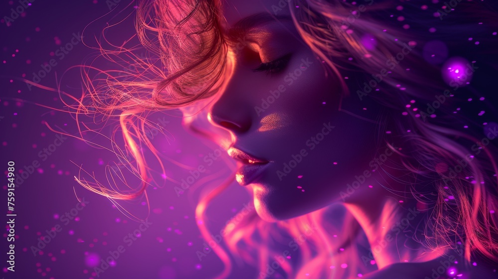 a digital painting of a woman's face with pink hair and glowing stars in the night sky behind her.