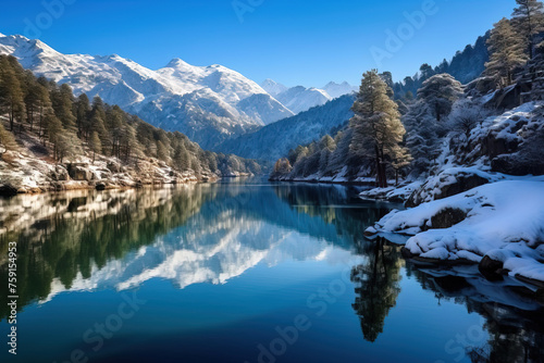 lake and mountains in winter.