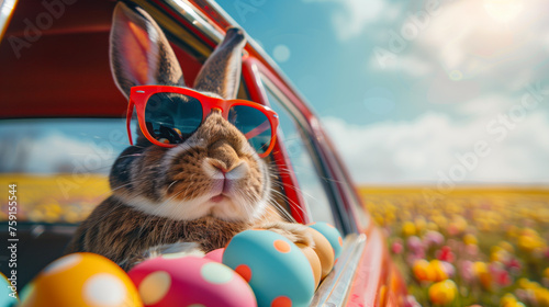Festive Easter bunny with sunglasses in a car full of colorful eggs.