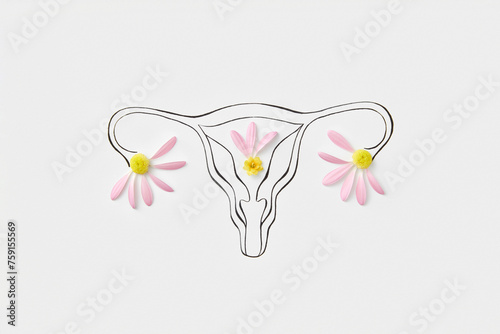 Lines drawing of female reproductive system decorated with flowers photo