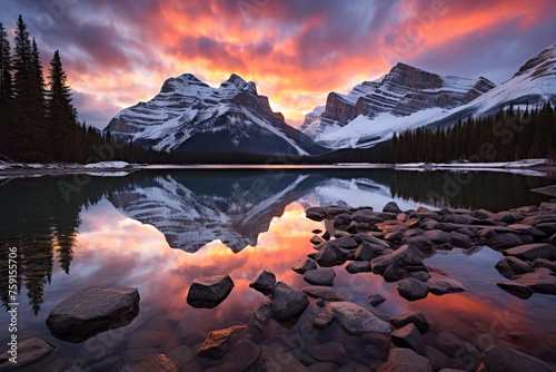 lake and mountains in winter.