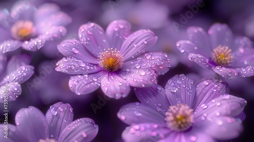 a bunch of purple flowers with drops of water on them and a yellow center in the middle of the picture.