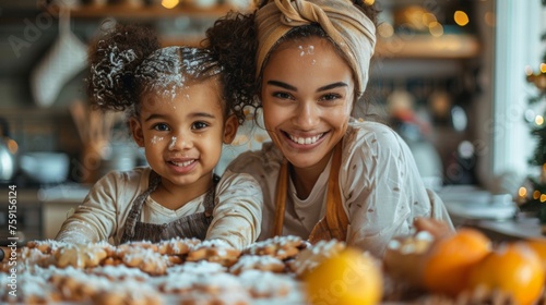 A candid capture of a mother and her child sitting at the kitchen table, surrounded by ingredients, as they bond over the creation of holiday cookies 