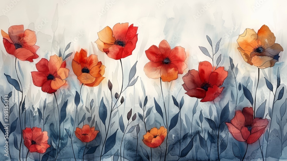a painting of a field of red and orange flowers with a blue sky in the background and a white sky in the foreground. a painting of a field of red and orange flowers with a blue sky in the background and a white sky in the foreground.