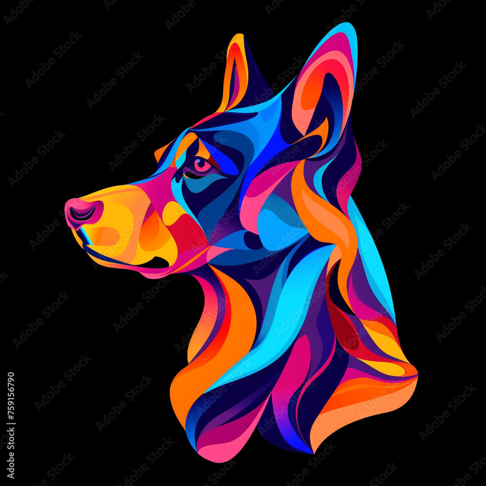 Fototapeta An attractive colorful dog on a black background, in the style of bold and colorful graphic design сreated with Generative Ai