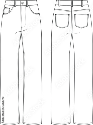 high rise waistband 5 five pocket straight boyfriend mom jean denim pant trouser template technical drawing flat sketch cad mockup fashion woman design style model
