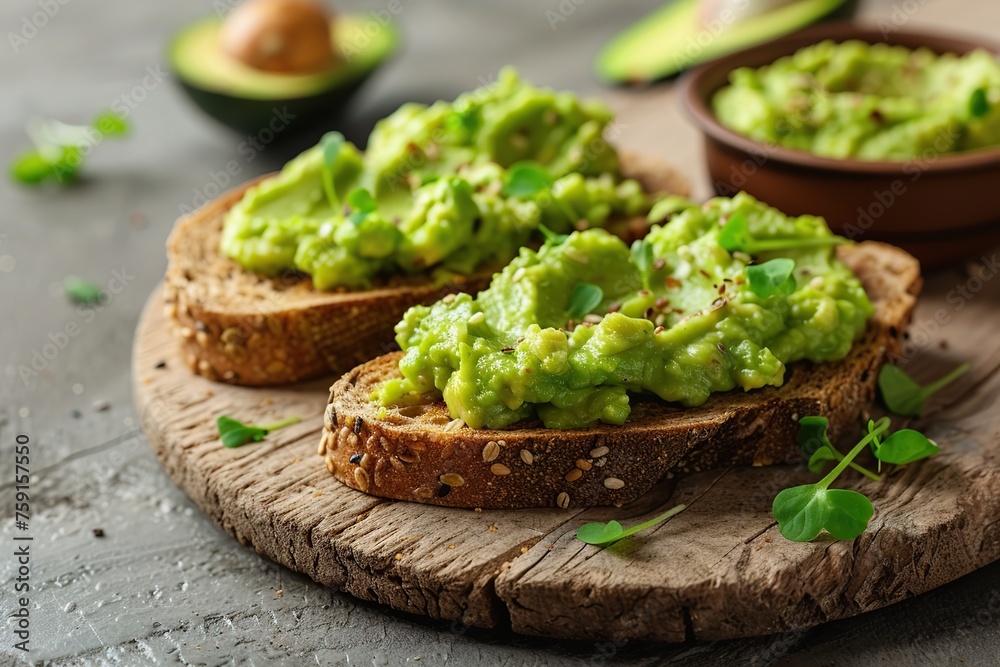 Toast bread with avocado puree on wooden table. Vegetarian food. Toast bread with avocado puree on wooden table. Vegetarian food.
