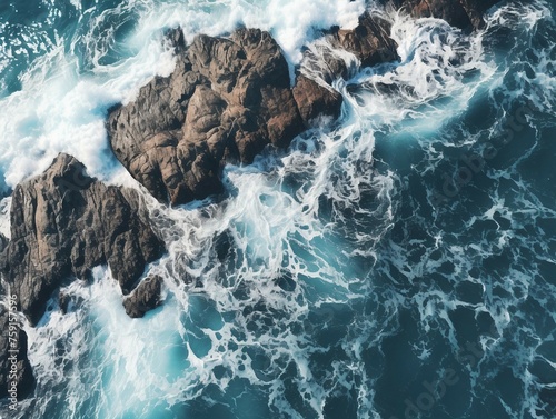 Aerial view of ocean waves crashing on the rocks. Top view