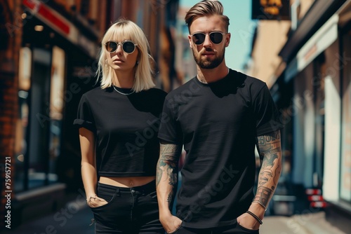 Man and woman wearing blank black t-shirt