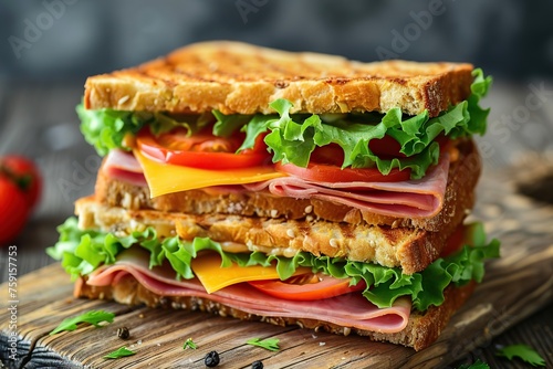 Toast sandwich with cheese, turkey ham, tomato and fresh lettuce on wooden background