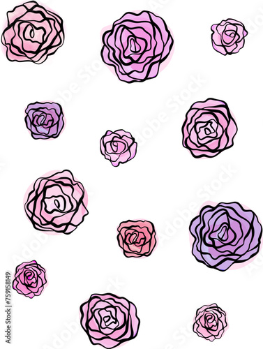 Seamless pattern featuring watercolor-style roses in varying shades of pink, purple, and red.
