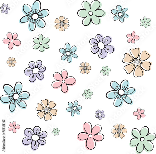 Seamless whimsical pattern featuring a variety of pastel flowers in different colors, shapes, and sizes.