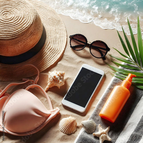Un chapeau, des lunettes de soleil, un smartphone, de la crème solaire, une serviette de bain, des coquillages, et des plantes posés dans le sable, évoquant l'été, la mer, la plage et les vacances
