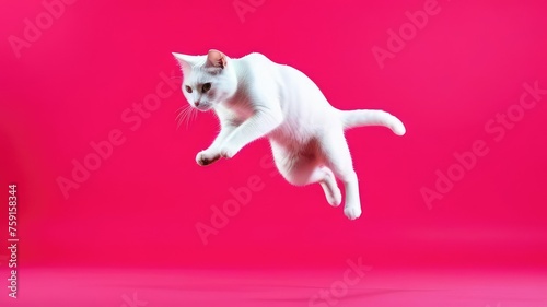 white fluffy cat jumping on a pink background. The concept of freedom, energy, playfulness, expression, movement.