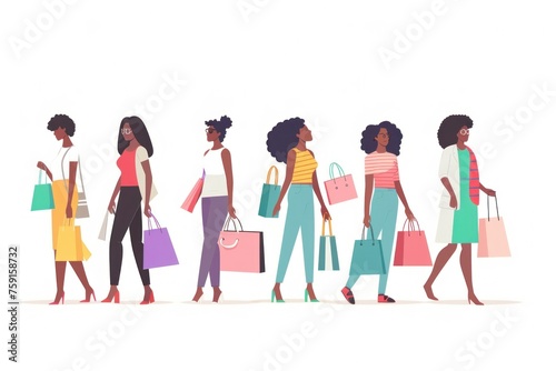 collection of flat black people carrying shopping bags with shoes standing upright
