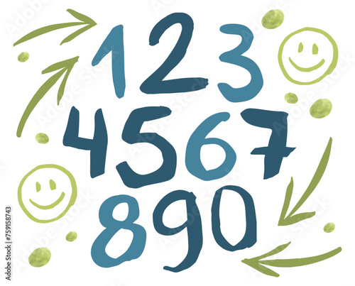 Numbers from 0 to 9. Complete set, font, hand drawn typography with marker, brush texture and vector. Free, irregular shapes, scribble. Arrows and emojis to compose mental maps and diagrams.