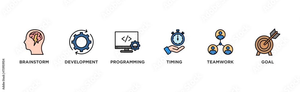 Hackathon banner web icon vector illustration concept for design sprint-like social coding event with icon of brainstorm, development, programming, timing, speed, teamwork, and goal Hackathon banner web icon vector illustration concept for design sprint-like social coding event with icon of brainstorm, development, programming, timing, speed, teamwork, and goal