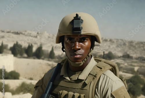 Close up portrait of a black soldier in uniform fully equiped standing outdoors photo