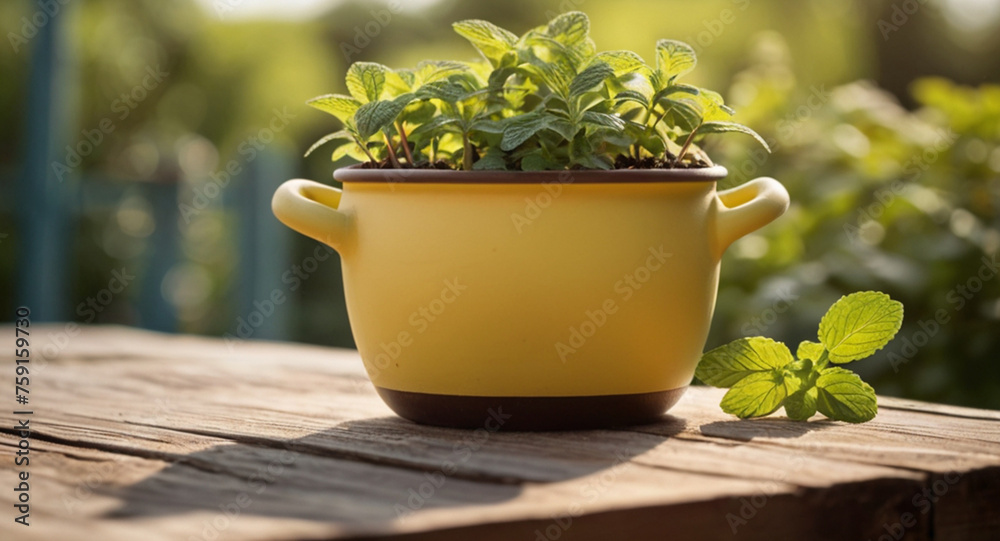 Beautiful mint plant in a pot on a rustic wooden table