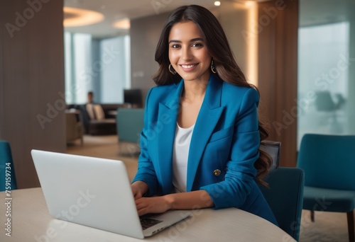 Businesswoman in a blue blazer working intently on her laptop in a corporate setting, her posture speaks of dedication.