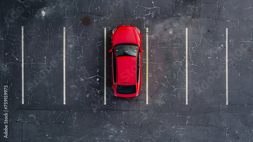  Red car in an empty parking lot, aerial view. Parked car, top view.