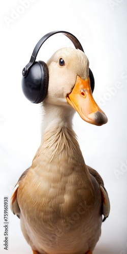 duck in headphones isolated on white background