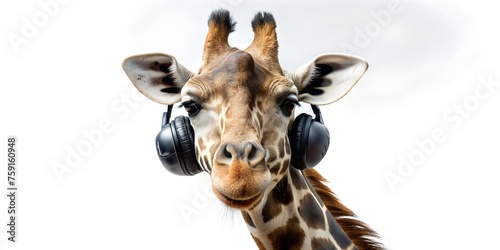 giraffe in headphones isolated on white background