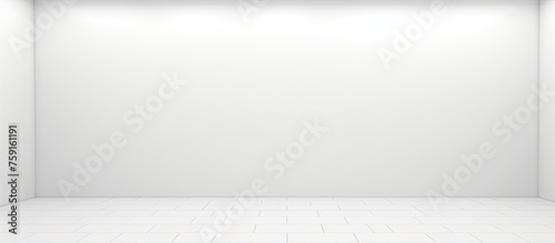 An empty room with a grey rectangle on a beige floor, the white walls blending into the horizon. The landscape outside is a sloping haze