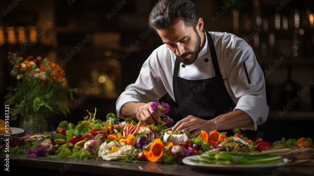 A man in a apron skillfully prepares food on a table