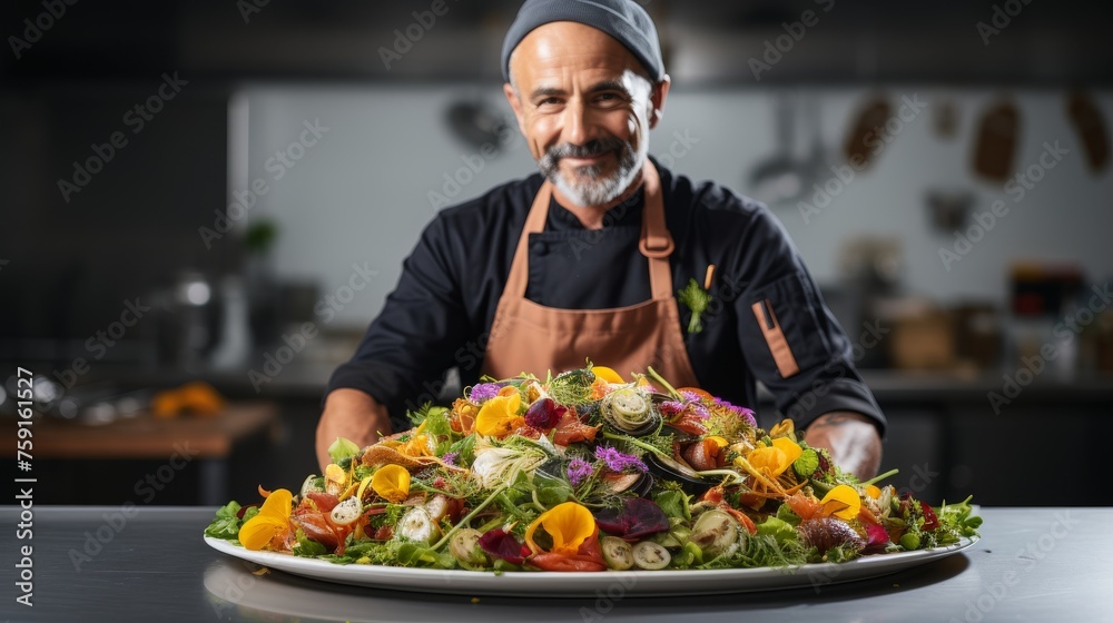 A man in an apron delicately prepares a vibrant salad